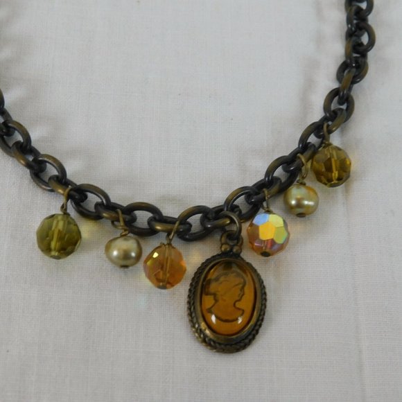 Cookie Lee Lot of 2 Necklaces Amber Orange Colors Cameo Brown Bronze Cord Chain - Picture 8 of 10